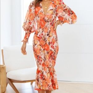Toperth Orange Floral Long sleeve Midi Dress.